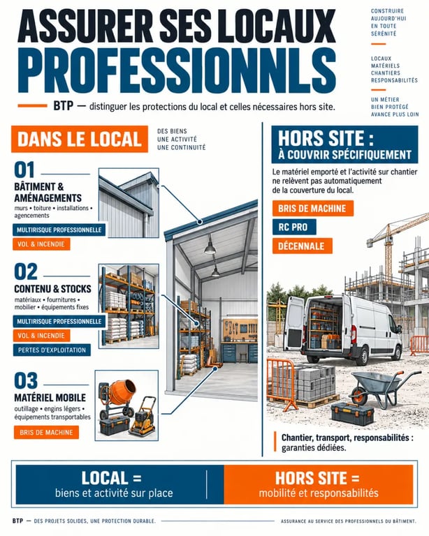 Infographie sur assurer ses locaux professionnels pour une entreprise du BTP : bâtiment, contenu, matériel mobile et garanties