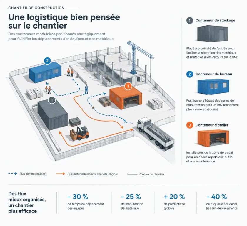 Schéma d'optimisation de la logistique de chantier avec des conteneurs aménagés pour réduire les flux